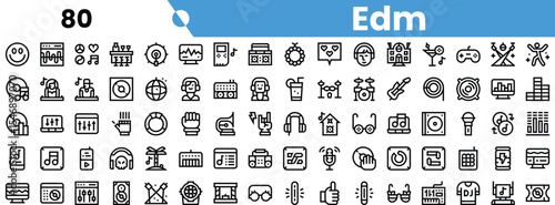 A diverse collection of EDM-themed line icons representing music, instruments, and DJ culture.