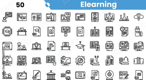 A diverse collection of e-learning icons in a minimalist black and white style, showcasing various digital education tools and concepts.