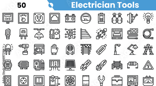 A collection of electrician tools and symbols in a minimalist outline style, showcasing essential equipment for electrical work.