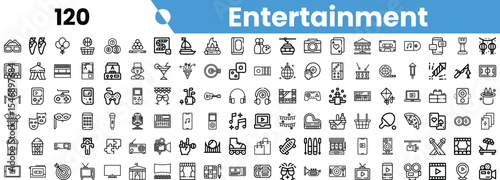 A collection of entertainment icons featuring various activities and elements, including music, theater, gaming, and more.