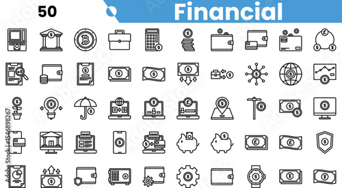 A diverse collection of financial icons, featuring cryptocurrency, banking, and investment elements in a sleek, minimalist style.
