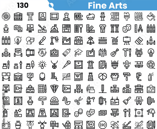 A collection of fine arts icons depicting various artistic tools and practices, showcasing creativity and inspiration.