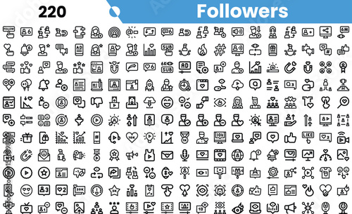 A diverse collection of black and white social media icons representing followers and engagement metrics in various formats.
