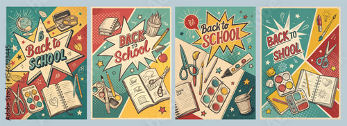Vibrant Retro Back-to-School Artwork Celebrating Creativity and Learning with Playful School Supplies Poster Designs