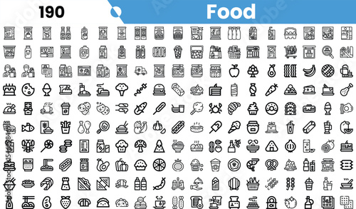 An extensive collection of black and white food icons, showcasing various dishes and culinary elements in a minimalist design.