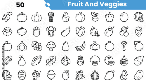 A collection of line drawings of various fruits and vegetables arranged in a grid format.