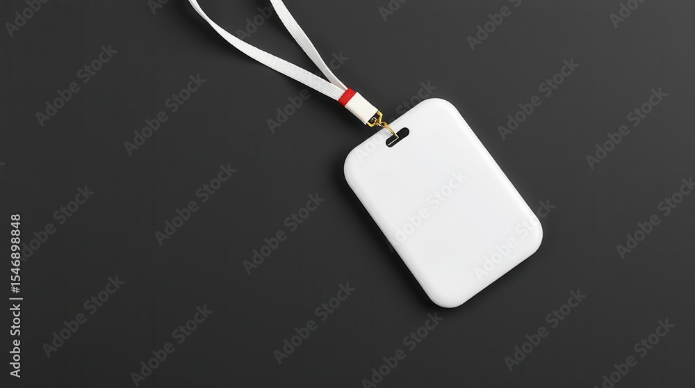 Fototapeta premium Minimalist white identification card or badge with white lanyard against a plain dark gray background.
