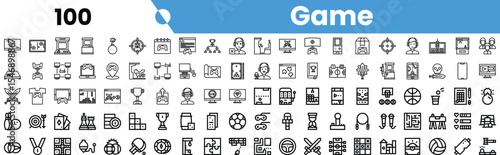 A collection of black and white game-themed icons, including trophies, controllers, characters, and various gaming elements.