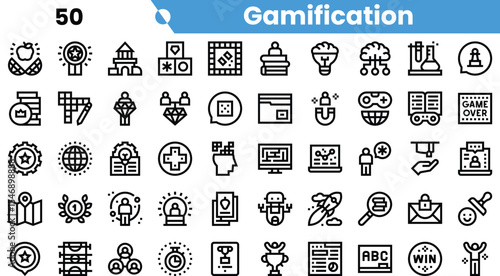 A collection of minimalist line icons representing gamification concepts, including rewards, challenges, and interactive elements.