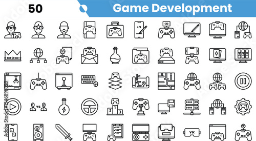 A diverse collection of minimalist icons representing various aspects of game development, including consoles, controllers, and design tools.