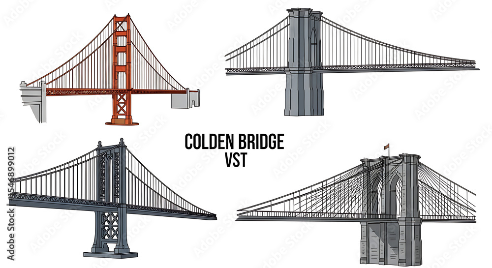 Fototapeta premium Illustration of four famous bridges including golden gate and brooklyn bridge on a white background