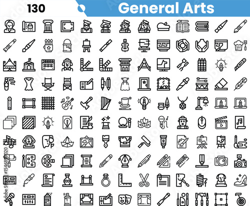 A diverse collection of icons representing various aspects of general arts, including tools, symbols, and art forms.