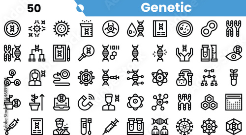 A collection of diverse genetic-themed icons showcasing DNA structures, cells, and laboratory equipment in a minimalist design.