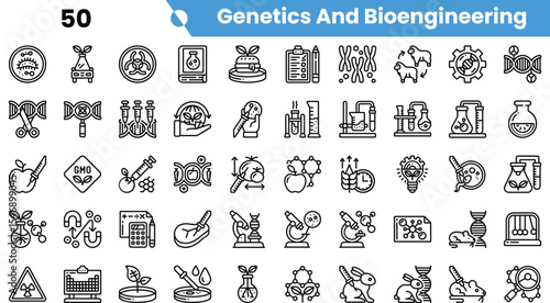 A collection of icons depicting genetics and bioengineering themes, featuring laboratory equipment and biological imagery.