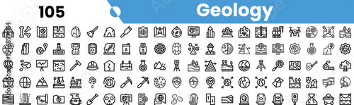 A comprehensive collection of geology icons showcasing various elements of earth science, research methods, and geological tools.