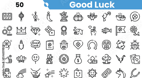 A collection of minimalistic good luck themed icons, featuring symbols like four-leaf clovers, horseshoes, and stars.