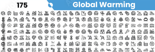 Collection of icons depicting global warming themes, showcasing various environmental issues and solutions.