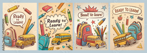 Vibrant School-Themed Illustrations of Backpacks Pencils and Buses Inspiring a Cheerful Enthusiasm for Learning in Engaging Poster Designs