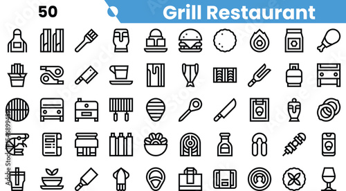 A collection of minimalist icons representing various food items and kitchen tools found in a grill restaurant setting.