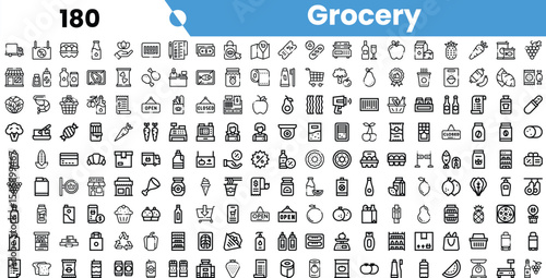 A comprehensive collection of grocery icons featuring various food items, household products, and shopping essentials in a sleek black and white design.
