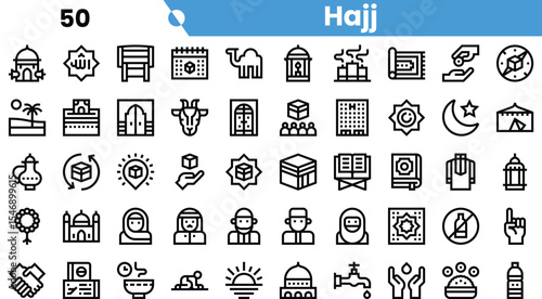 A diverse collection of icons representing Hajj, featuring religious symbols, landmarks, and cultural elements in a minimalist style.