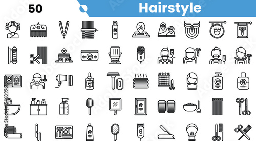 A collection of stylish black and white icons representing various hairstyles and hairdressing tools.