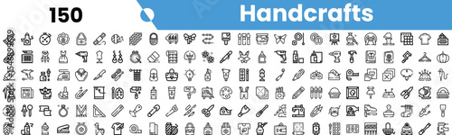 A collection of black and white icons representing various handicrafts, including tools, materials, and finished products.