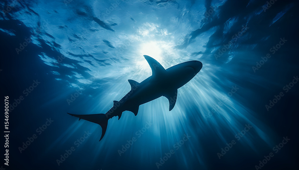 Obraz premium Silhouetted shark gliding through deep ocean with dramatic light rays above