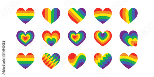 Colorful Pride Month collection featuring rainbow hearts, symbols of equality, and LGBTQ+ identity. A clean, flat illustration set perfect for June and beyond
