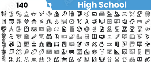 A comprehensive collection of high school-related icons featuring various subjects and activities in a minimalist black and white design.