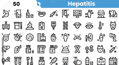 A collection of varied medical icons representing hepatitis and its related symbols, including tests and vaccinations.