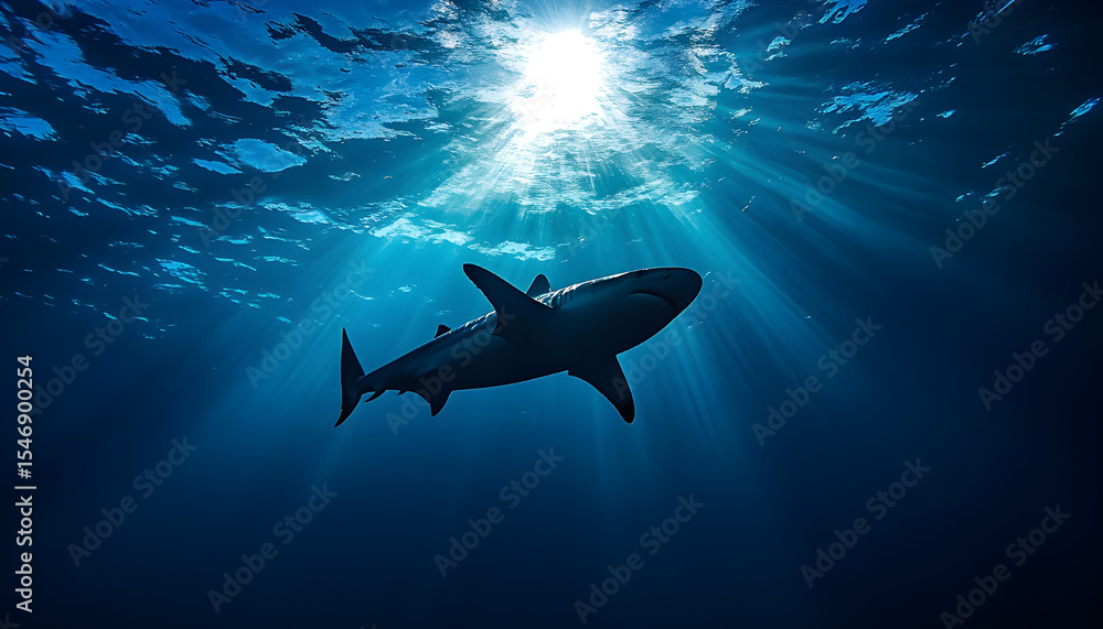 Obraz premium Silhouetted shark gliding through deep ocean with dramatic light rays above