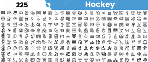 A diverse collection of hockey-themed icons featuring various equipment, symbols, and activities related to the sport.
