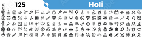 A vibrant collection of black and white icons representing various aspects of Holi, featuring festive themes, colors, and cultural symbols.