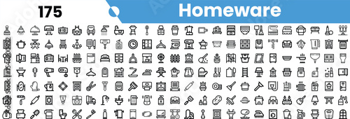 A collection of homeware icons in black and white, showcasing various household items for functionality and decor.