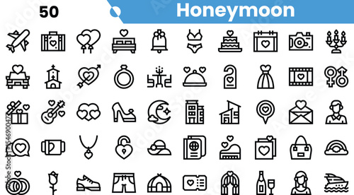 A collection of honeymoon-themed icons, showcasing love and celebration with various romantic symbols and items.
