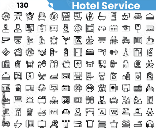 A comprehensive collection of black and white icons representing hotel services, including amenities, room features, and customer service elements.