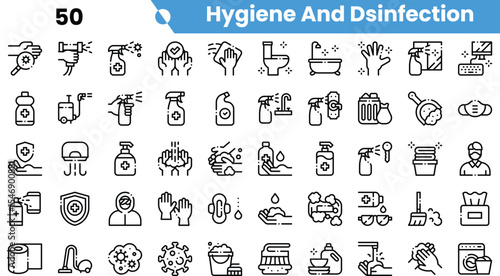 A diverse collection of icons depicting hygiene and disinfection practices, including handwashing, sanitizing, and protective measures.