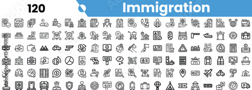 A diverse compilation of immigration-themed icons in black and white, showcasing various aspects of global migration.