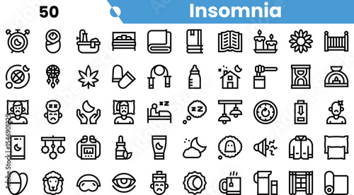 A collection of insomnia-related icons, featuring various symbols like alarm clocks, beds, and relaxation items.
