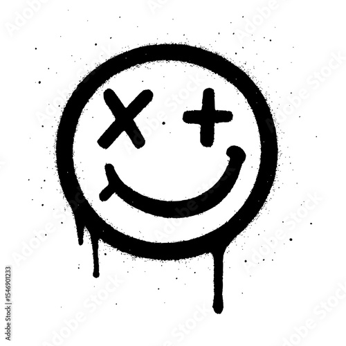 Black spray paint smiley face icon with dripping grunge effect