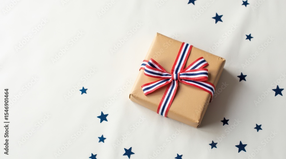 Obraz premium Celebratory gift box with patriotic ribbon on a starry background for July 4th Independence Day festivities