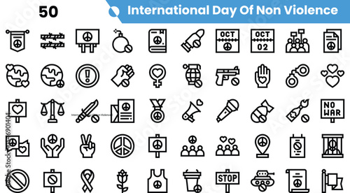 A collection of icons representing the International Day of Non-Violence, including peace signs, protest symbols, and messages advocating for harmony.