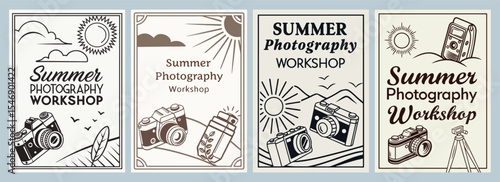 Vibrant Summer Photography Workshop Posters Showcasing Diverse Cameras and Creative Designs to Inspire Your Passion for Photography