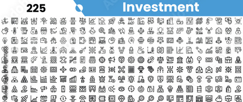 A collection of black and white icons representing various investment concepts, including finance, trading, and economic growth.
