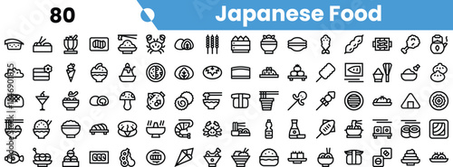 An array of minimalist line icons representing various traditional Japanese foods, showcasing vibrant and diverse culinary delights.