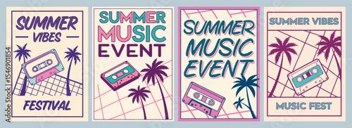 Vibrant Summer Music Event Posters Showcasing Retro Cassette Tapes and Palm Trees Inspiring Nostalgia and Fun in Design