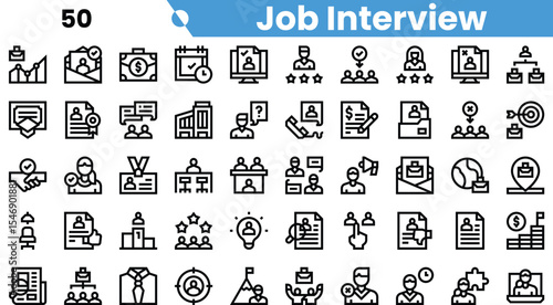 Variety of thin line icons representing different aspects of a job interview process, including candidates, interviews, and evaluation metrics.