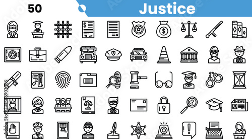 A comprehensive collection of justice-themed icons featuring police, courts, and legal symbols in a minimalist design.