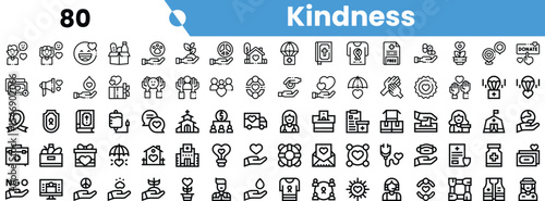 A collection of diverse kindness-themed icons, including symbols of donation, community support, and compassion, set against a bright background.